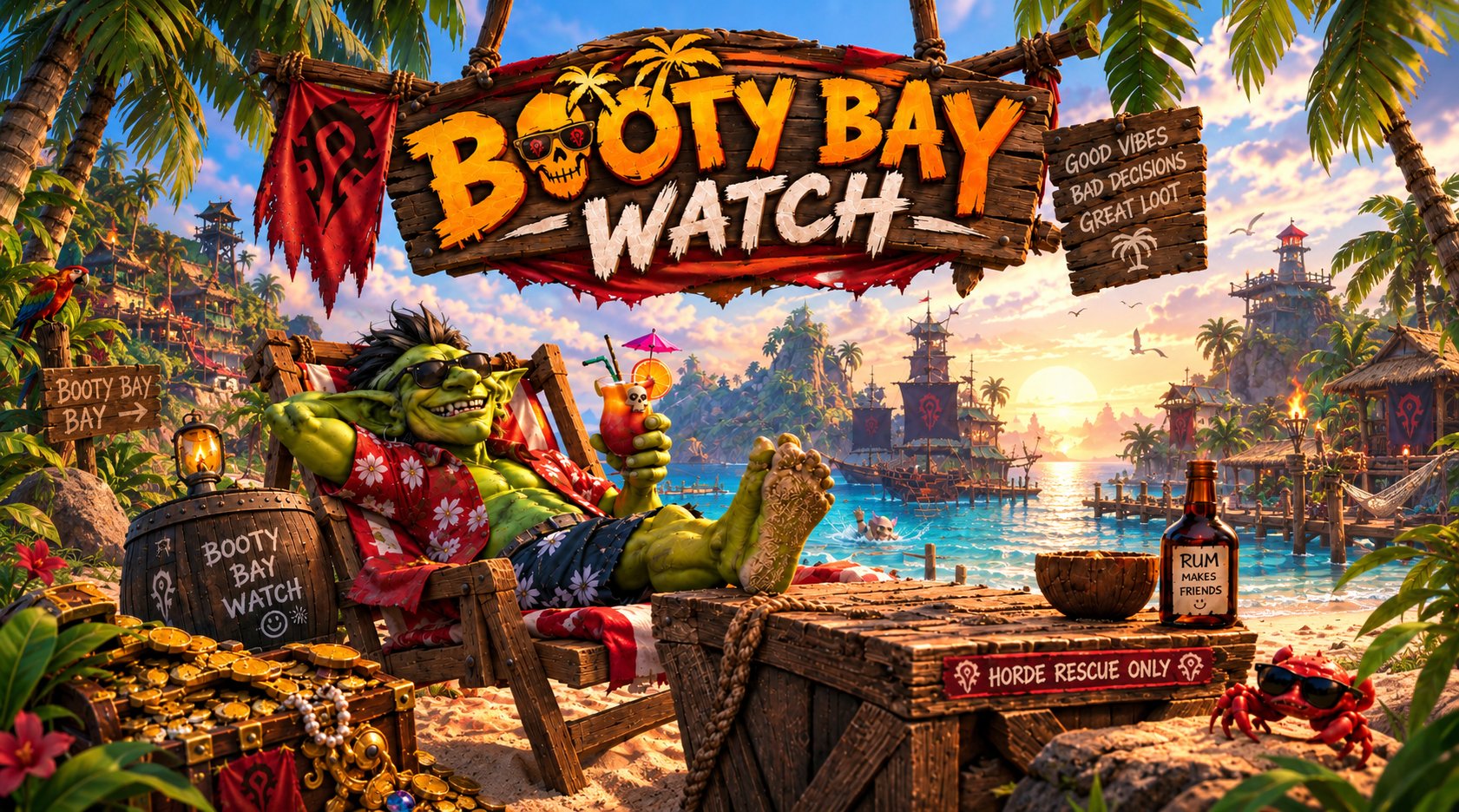 Booty Bay Watch — tropical goblin banner with wooden sign